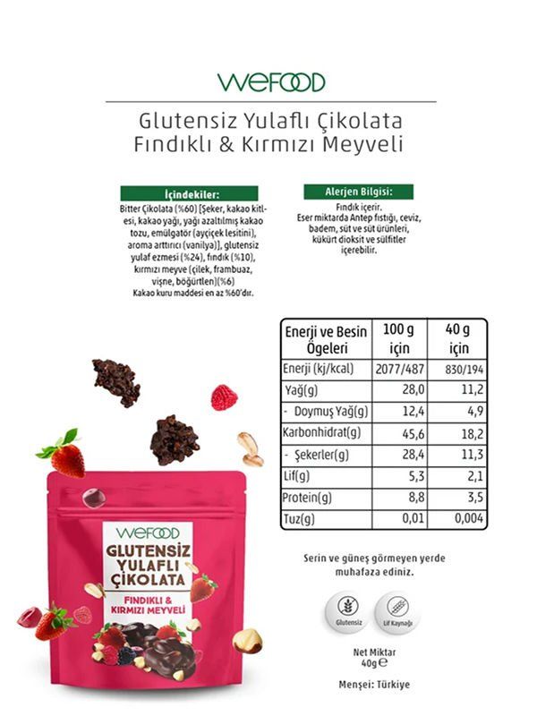 Wefood Glutensiz Yulaflı Çikolata Fındıklı & Kırmızı Meyveli 40 gr