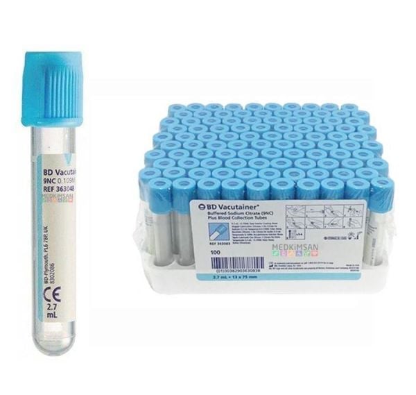 100 Adet Sodyum Sitratlı Tüp | 2.7ml 13x75mm Mavi Kapak | Bd Vacutainer 363048 9NC 0.109M Buffered Trisodium Citrate