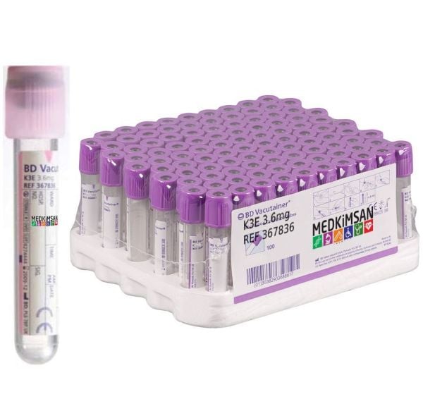 100 Adet Hemogram Tüpü | 2.0 mL 13x75 mm K3E 3.6mg Mor Kapak | BD 367836 K3EDTA Plus Blood Collection Tubes