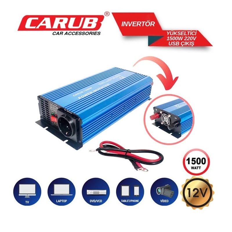 CARUB Invertör 12V 1500W 220V Yükseltic+ USB Çıkış