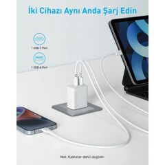 Anker 20W USB-C + USB-A Çift Portlu Şarj Cihazı - A2348 - Beyaz (Anker Türkiye Garantili)