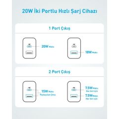 Anker 20W USB-C + USB-A Çift Portlu Şarj Cihazı - A2348 - Beyaz (Anker Türkiye Garantili)