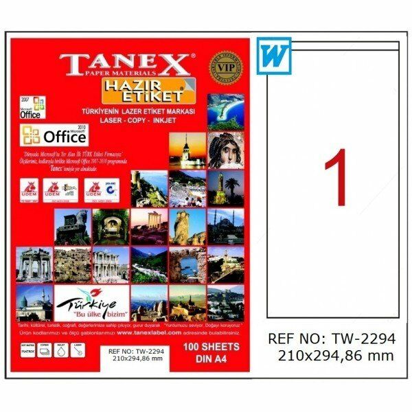 TANEX LAZER ETİKET 210*294.86 MM 1 Lİ TW-2294