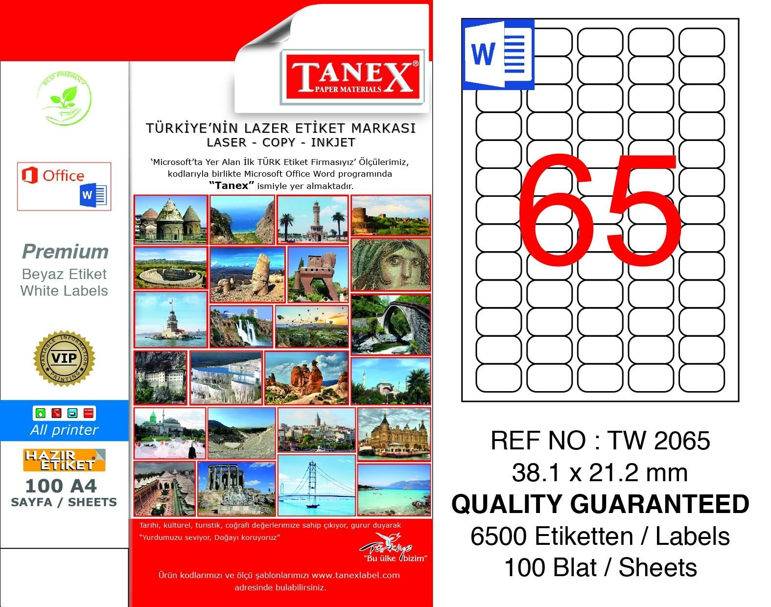 TANEX LAZER ETİKET 38.1*21.2 MM 65 Lİ TW-2065