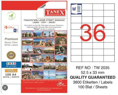 TANEX LAZER ETİKET 52,5*33 MM 36 LI TW-2035