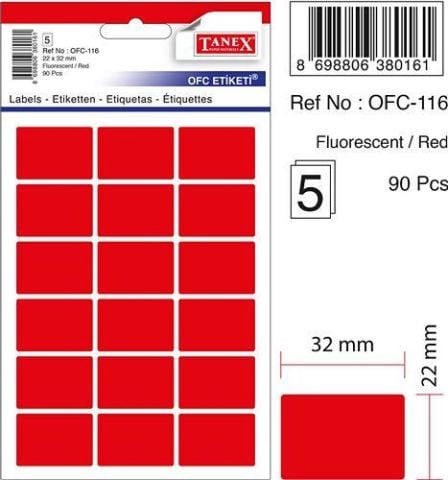 TANEX OFİS ETİKETİ 22*32 MM KIRMIZI 5 Lİ OFC-116