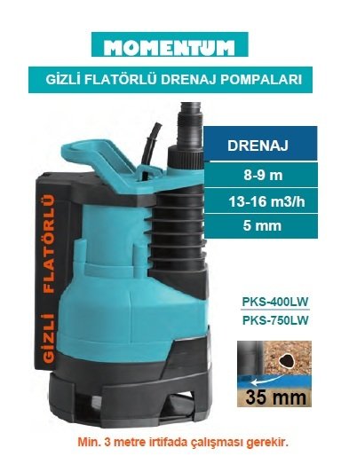 MOMENTUM PKS-750LW -750W-220V- PLASTİK GÖVDELİ İÇTEN FLATÖRLÜ TEMİZ/KİRLİ SU DALGIÇ DRENAJ POMPASI (SENSÖRLÜ)