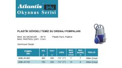 Atlantis QSB-JH-750  750W 220V Plastik Gövdeli Temiz Su Drenaj Dalgıç Pompa / Alüminyum Sargılı - Flatörlü / Okyanus Serisi