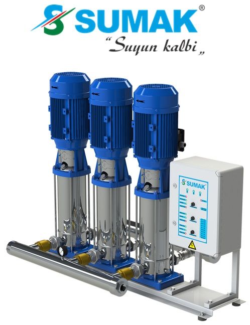 SUMAK, SHTP8 C 220/8, 3 X 2.2 HP, 380V, ÜÇ POMPALI, DÜŞEY MİLLİ, KADEMELİ, PANOLU, KOMPLE PASLANMAZ HİDROFORLAR