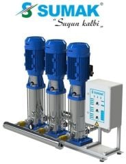 SUMAK, SHTP16 C 750/12, 3 X 7.5 HP, 380V, ÜÇ POMPALI, DÜŞEY MİLLİ, KADEMELİ, PANOLU, KOMPLE PASLANMAZ HİDROFORLAR