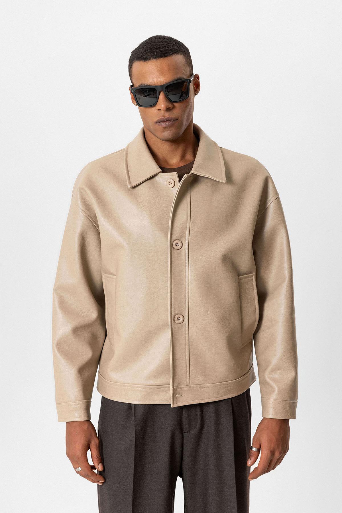 Oversize Suni Deri Ceket M - Bej