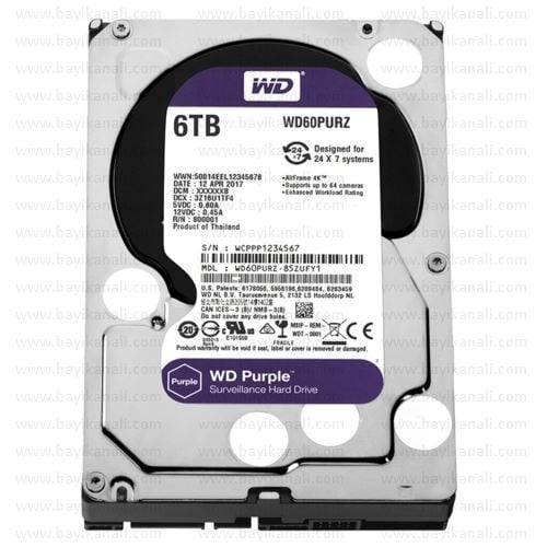 WD60PURZ 3.5'' 6TB Sata3 64MB 5400RPM Purple Serisi Güvenlik Cihazları Uyumlu