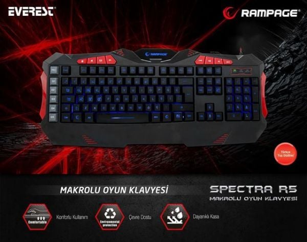 SPECTRA-R5 Rampage USB 7 Renk Aydnlatmal Q Multimedya Makro Siyah Klavye