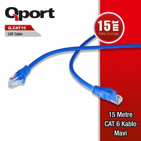 Q-CAT15 CAT6 15M Mavi Patch Network Kablosu Mavi