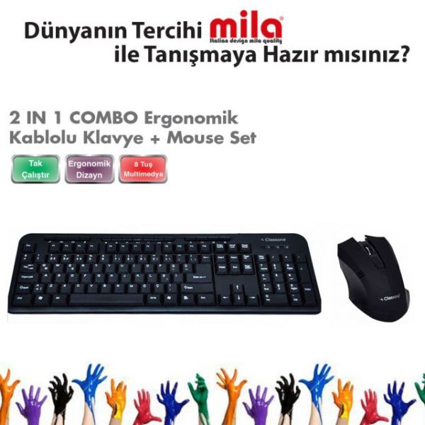 WK628-M03-USB Kablolu,Q,TR,USB,Multimedya Klavye,2B+1 Optik Mouse Siyah Set