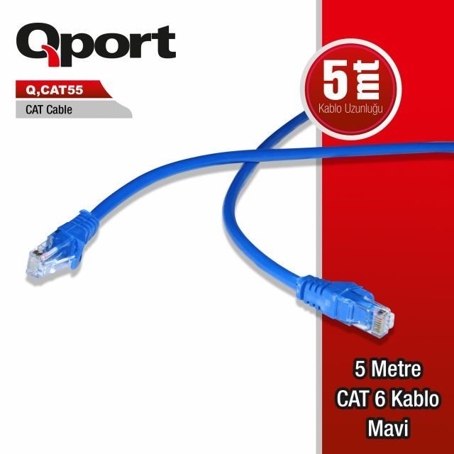 Q-CAT55 CAT6 5M Kırmızı Mavi Patch Network Kablosu