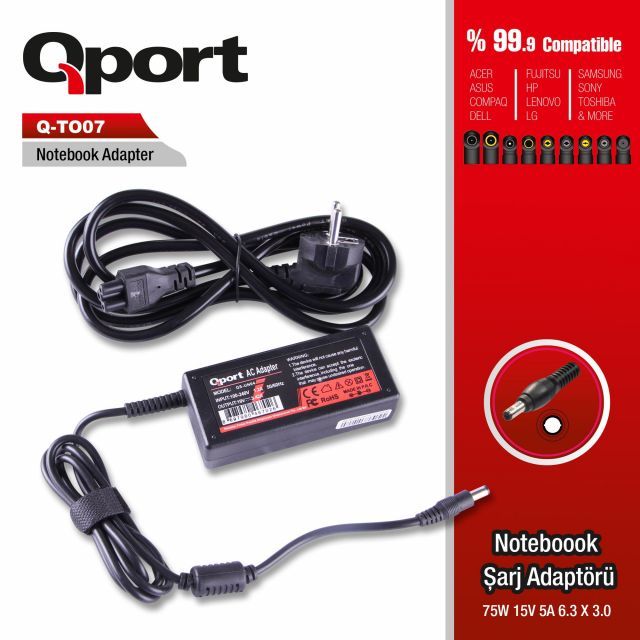 QS-TO07 TOSHİBA-75W 15V 5A 6.3*3.0 Toshiba Notebook Standart Adapt