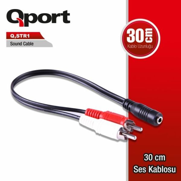 Q-STR1 30cm 3.5mm Stereo Erkek 2xRCA Dişi Tıs Ses Kablosu