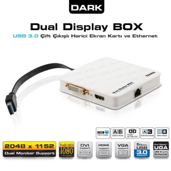 DK-AC-UGA30 USB3.0/2.0 Çift Çıkışlı Full HD VGA, Ethernet Çoklayıcı