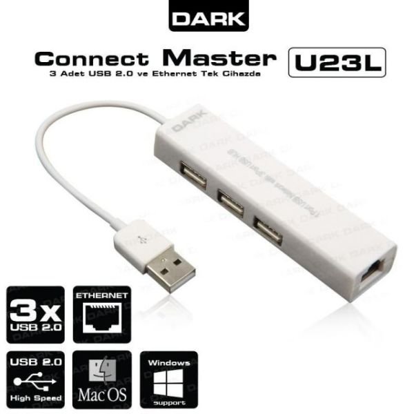 DK-AC-USB23L USB2.0, 3 Port Ethernet Girişli USB Çoklayıcı