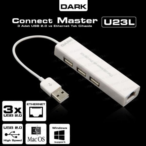 DK-AC-USB23L USB2.0, 3 Port Ethernet Girişli USB Çoklayıcı