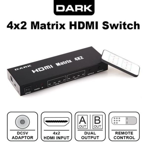 DK-HD-SW4X2 4Giriş 2Çıkış Full HD 3D Kumandalı Matrix HDMI Switch Çoklayıcı