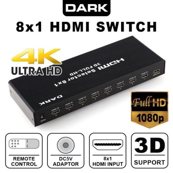 DK-HD-SW8X1 8 Giriş 1 Çıkış Uzaktan Kumandalı HDMI Switch Çoklayıcı