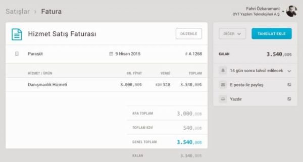 PARASUT Tahsilat ve Fatura Yöetimi 1 Yıllık Lisans Ticari Uygulama