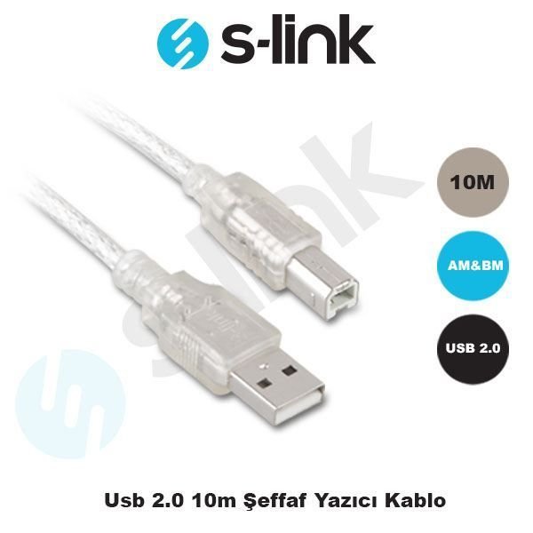SL-U2010 10 Metre USB 2.0 Şeffaf Yazıcı Kablosu