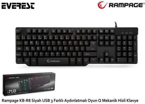 KB-R8S USB 3 Farklı Aydınlatmalı Q Mekanik Hisli Siyah Klavye