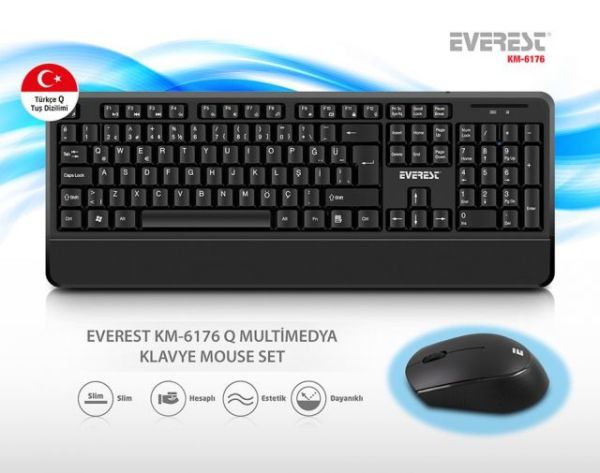 KM-6176 OFFICAL Siyah Kablosuz Combo Q Multimedia Klavye+Mouse Set