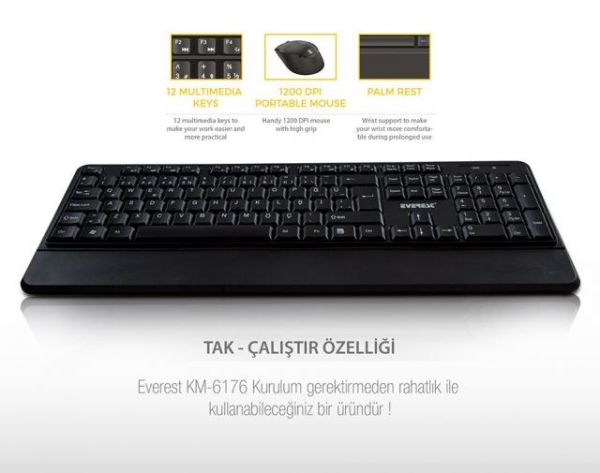 KM-6176 OFFICAL Siyah Kablosuz Combo Q Multimedia Klavye+Mouse Set