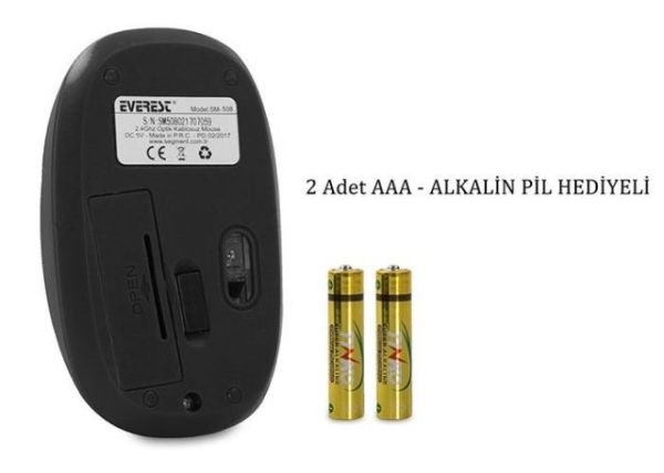 SM-508S USB Rubber 2.4GHz Kablosuz Siyah Mouse (Alkalin Pil hediyeli)