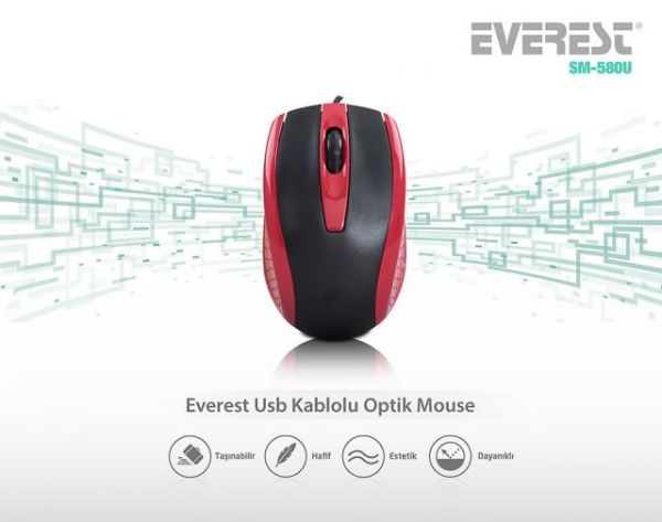 SM-580U-K SM-580U USB Optik Siyah,Kırmızı Mouse
