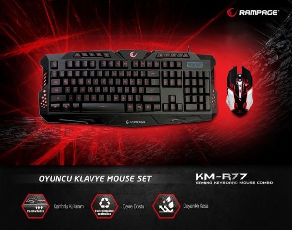 KM-R77 USB 3 Farklı LED'li Gaming Q Multimedia Klavye,Mouse Siyah Set