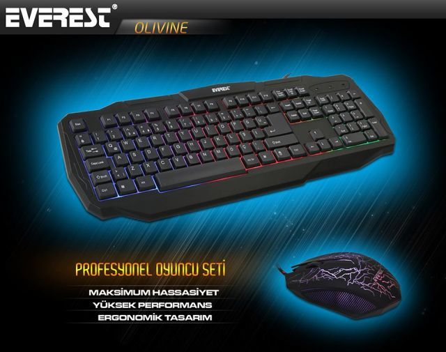 KMX-86 Olivine Siyah Usb Gökkuşağı Zemin Aydınlatmalı Q Standart Klavye + Mouse