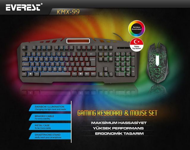 KMX-99 Siyah Usb Gökkuşağı Zemin Aydınlatmalı Q Oyuncu Klavye + Mouse Set