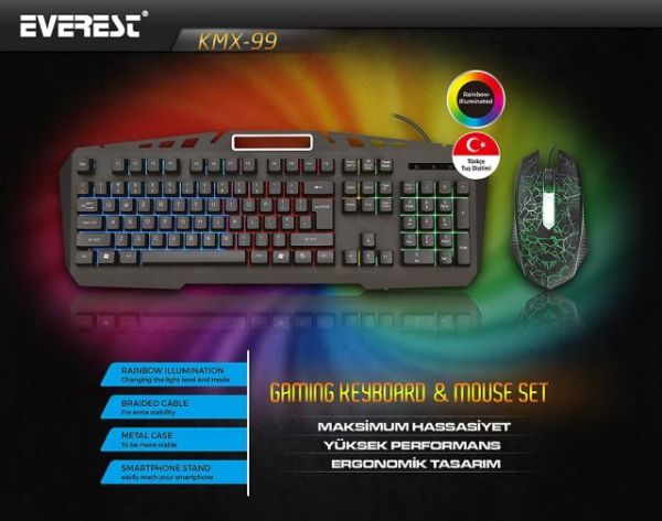 KMX-99 Siyah Usb Gökkuşağı Zemin Aydınlatmalı Q Oyuncu Klavye + Mouse Set