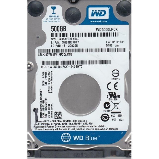 WD5000LPCX 500GB 2.5'' 5400RPM Sata3 16MB Blue Dahili Notebook HardDisk