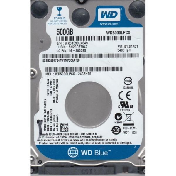 WD5000LPCX 500GB 2.5'' 5400RPM Sata3 16MB Blue Dahili Notebook HardDisk