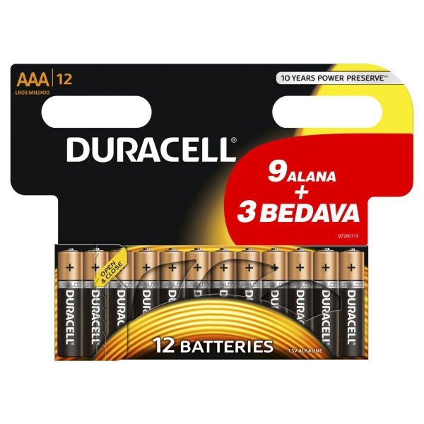 Duracell Alkalin AAA İnce Kalem Pil 9+3 12'li Paket
