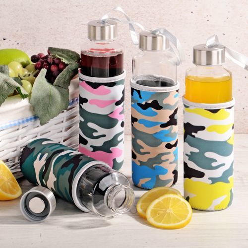 Kosova Taşınabilir Cam Matara 460 ml Kamuflaj Desenli Pembe