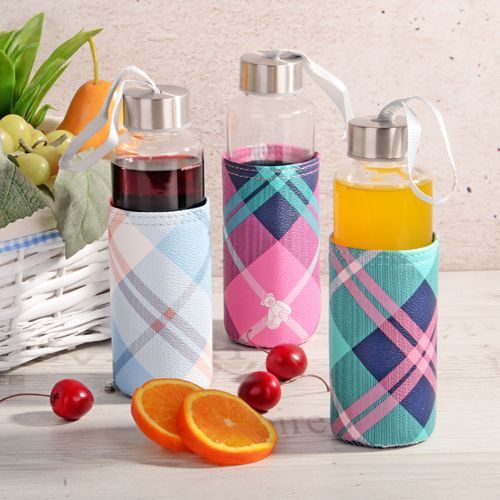 Kosova Taşınabilir Cam Matara 380 ml Dama Desenli Açık Mavi