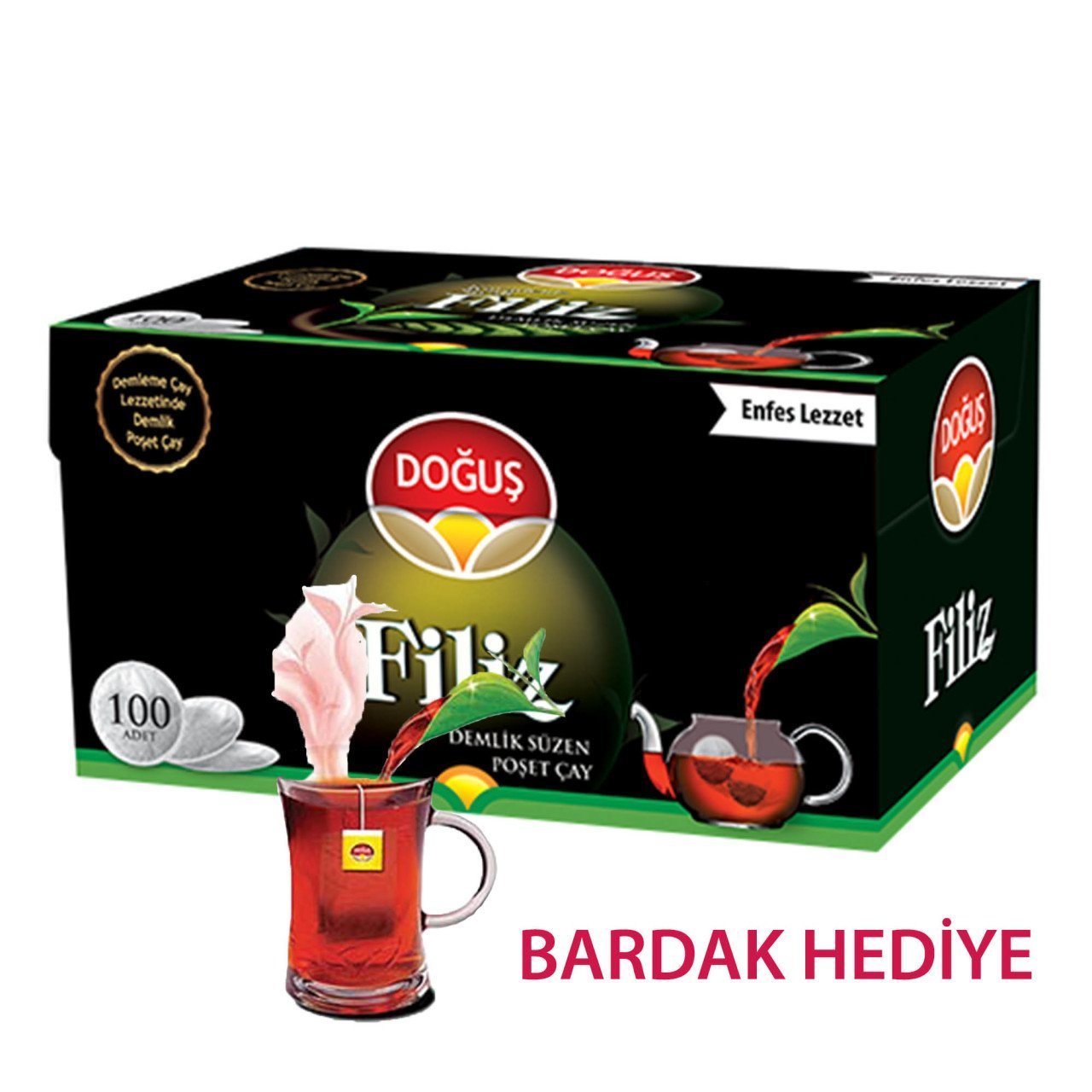 Doğuş Filiz Demlik Süzen Poşet Çay 100 Adet + Bardak Hediye