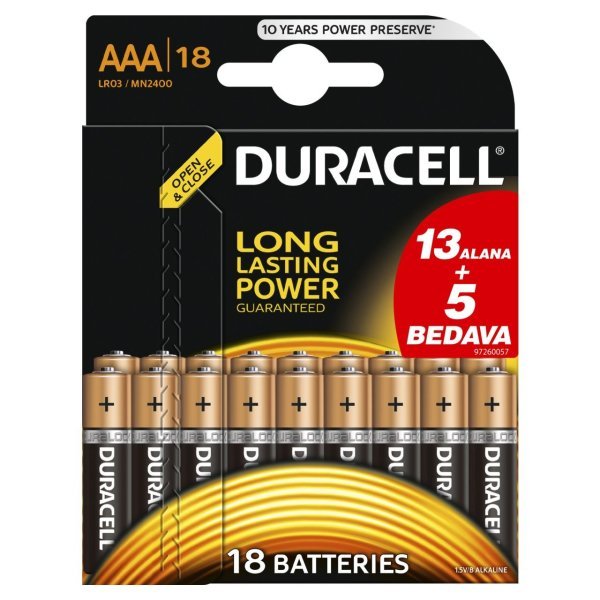 Duracell Alkalin AAA (13+5) 18'li Pil (İnce Pil)