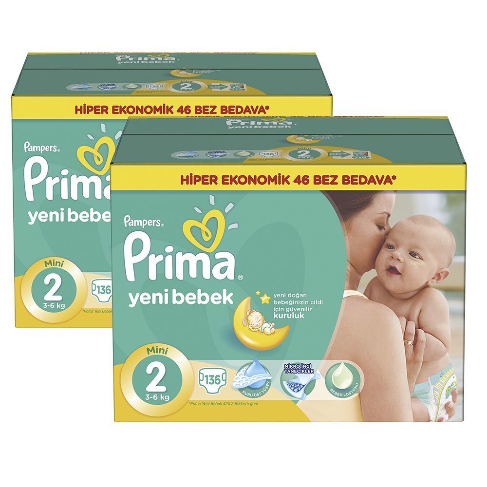 Prima Bebek Bezi Aktif Bebek 2 Beden Mini Hiper Ekonomik 2'li Paket 272 Adet