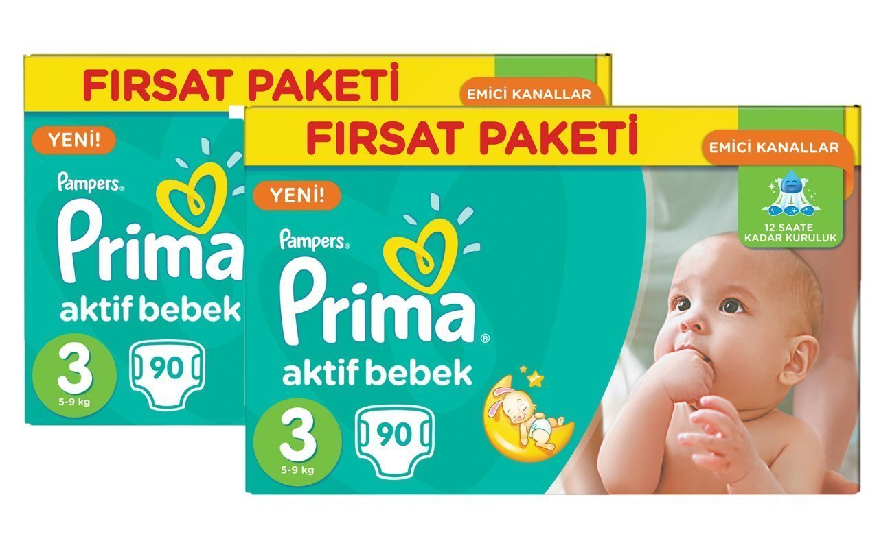 Prima Bebek Bezi Aktif Bebek 3 Beden Midi Hiper Ekonomik 2'li Paket 180 Adet