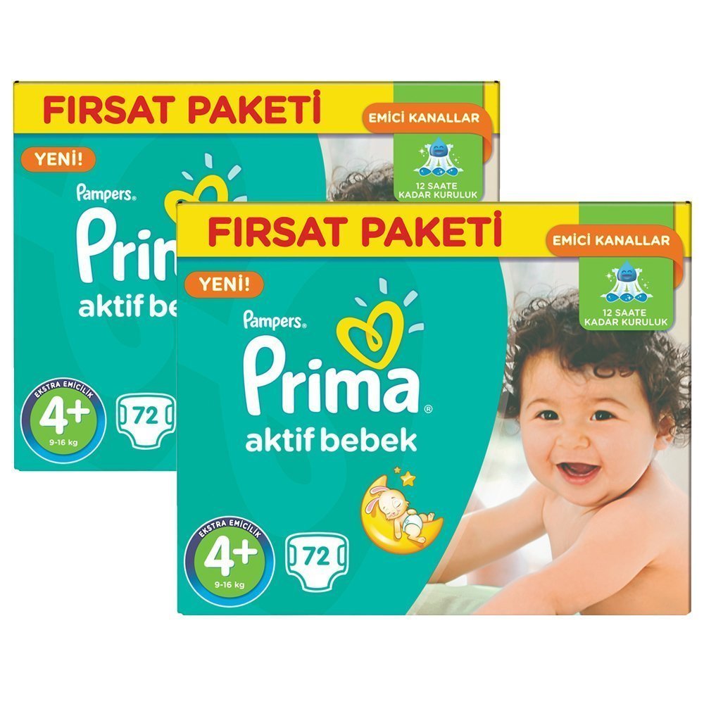 Prima Bebek Bezi Aktif Bebek 4+ Beden Maxi Plus Hiper Ekonomik 2'li Paket 144 Adet