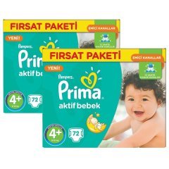 Prima Bebek Bezi Aktif Bebek 4+ Beden Maxi Plus Hiper Ekonomik 2'li Paket 144 Adet
