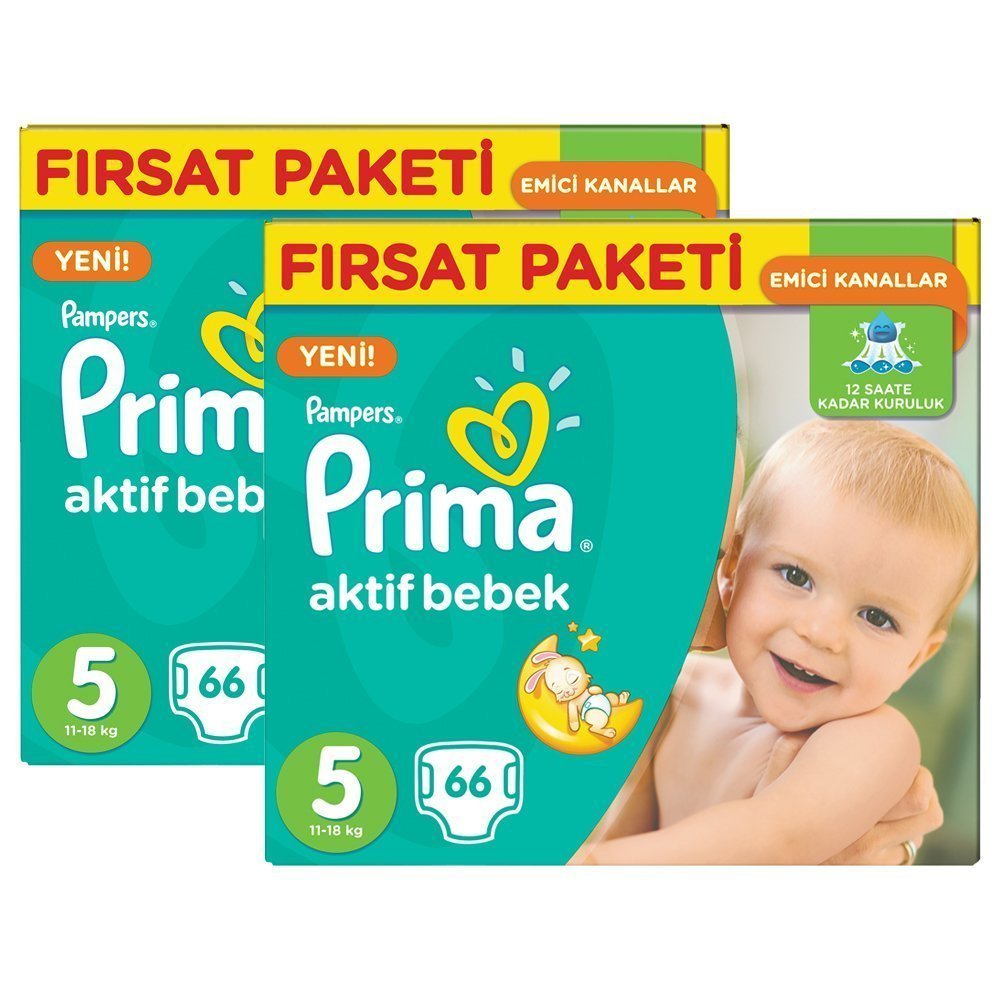 Prima Bebek Bezi Aktif Bebek 5 Beden Junior Hiper Ekonomik 2'li Paket 132 Adet